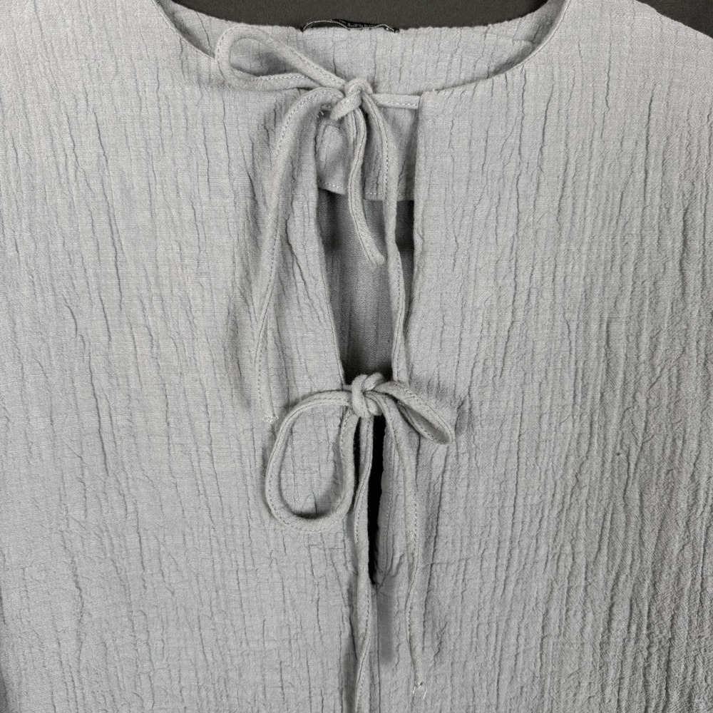 Zara Blue Cotton Crinkle Gauze Tie Front Long Sleeve Romper Cover Up Sz S - Picture 3 of 11